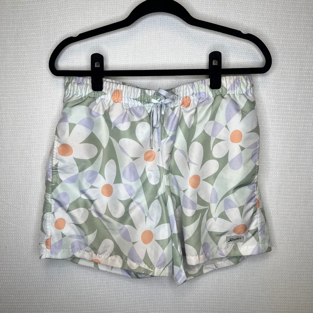 Bather Mens Floral Swim Trunks Green Purple Peach Retro Board Shorts Size Medium